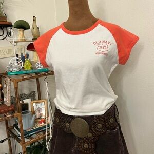 Old Navy Y2K Vintage Coral & White Short Sleeve Graphic Baseball Tee/Tank Top